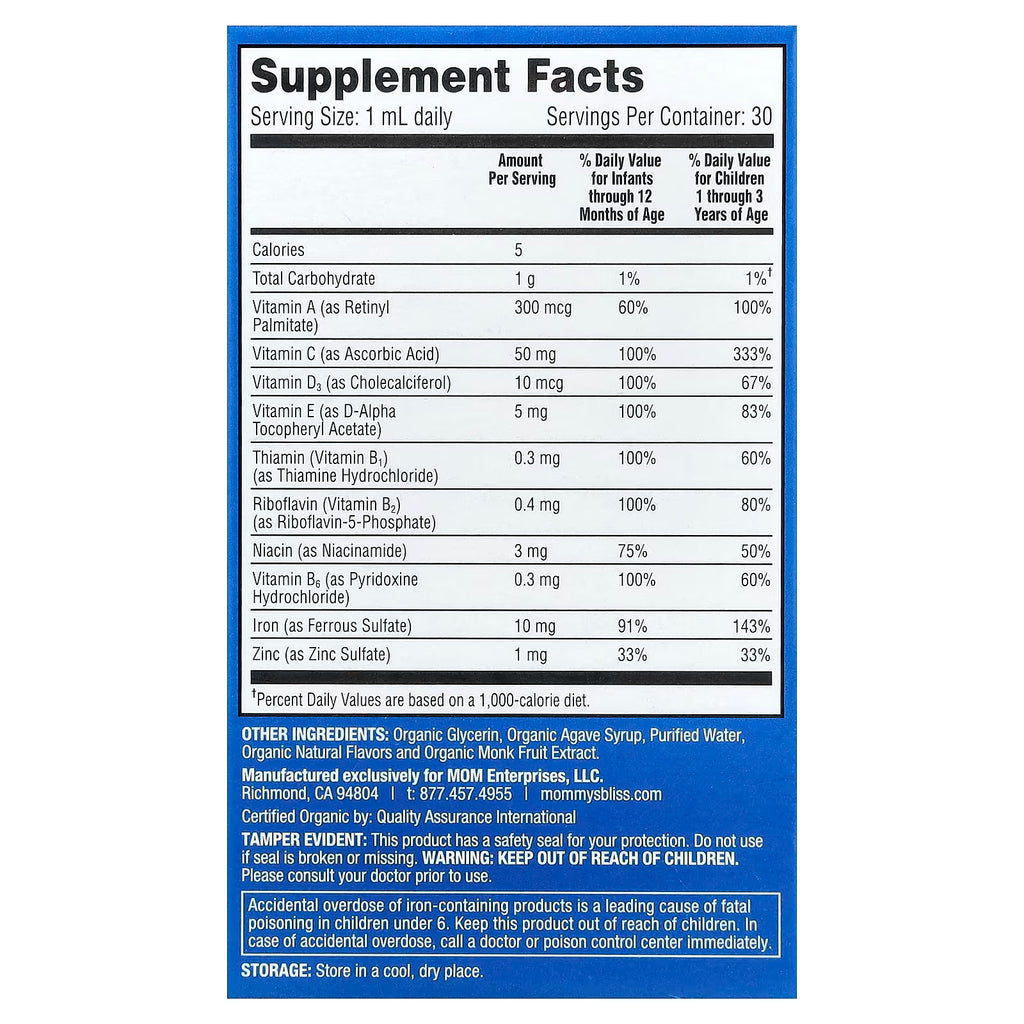 Mommy's Bliss, Baby Multivitamin Drops, Essential Vitamins + Iron, Age 2 Months +, 1 fl oz ( 30 ml)