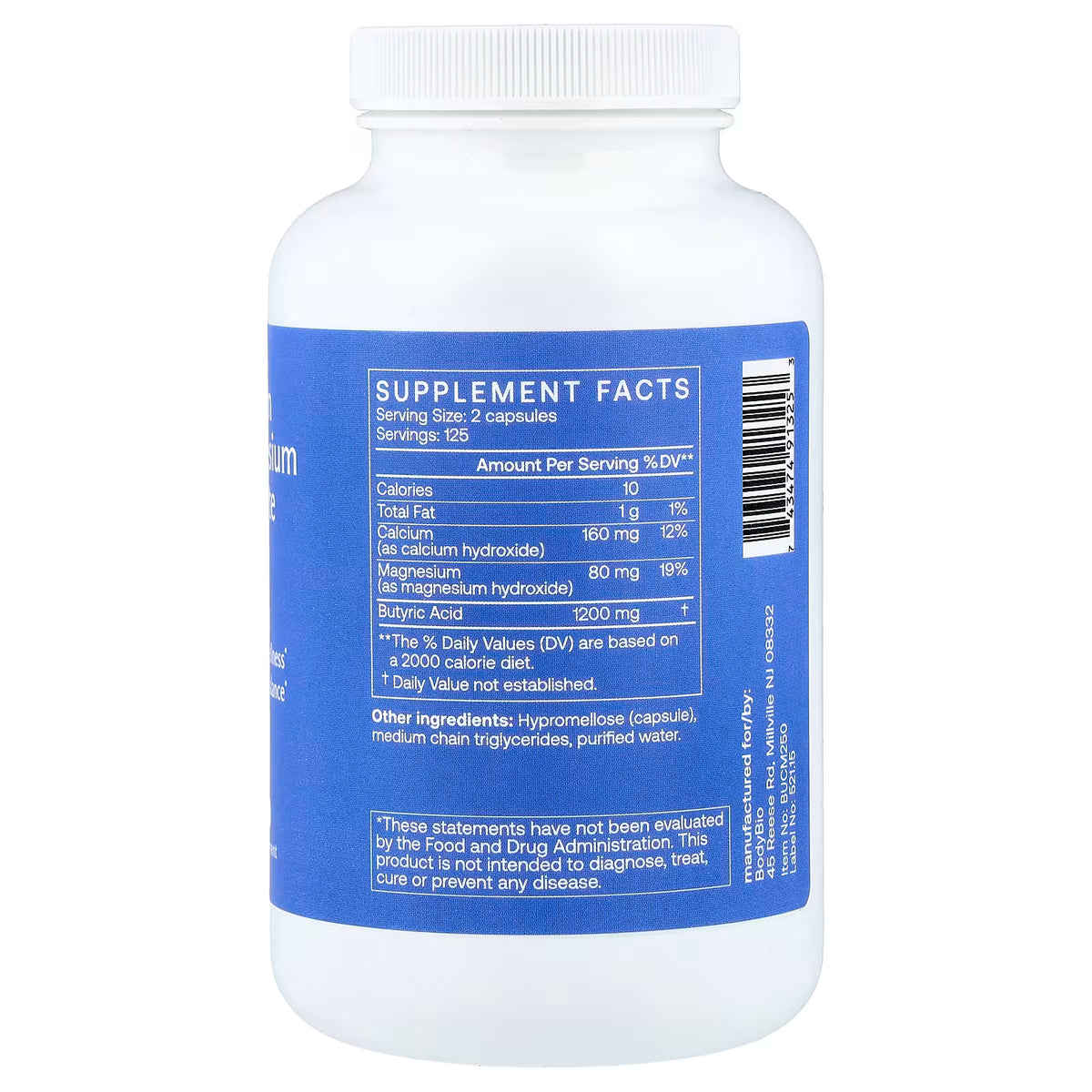 BodyBio, Calcium Magnesium Butyrate, 250 Capsules