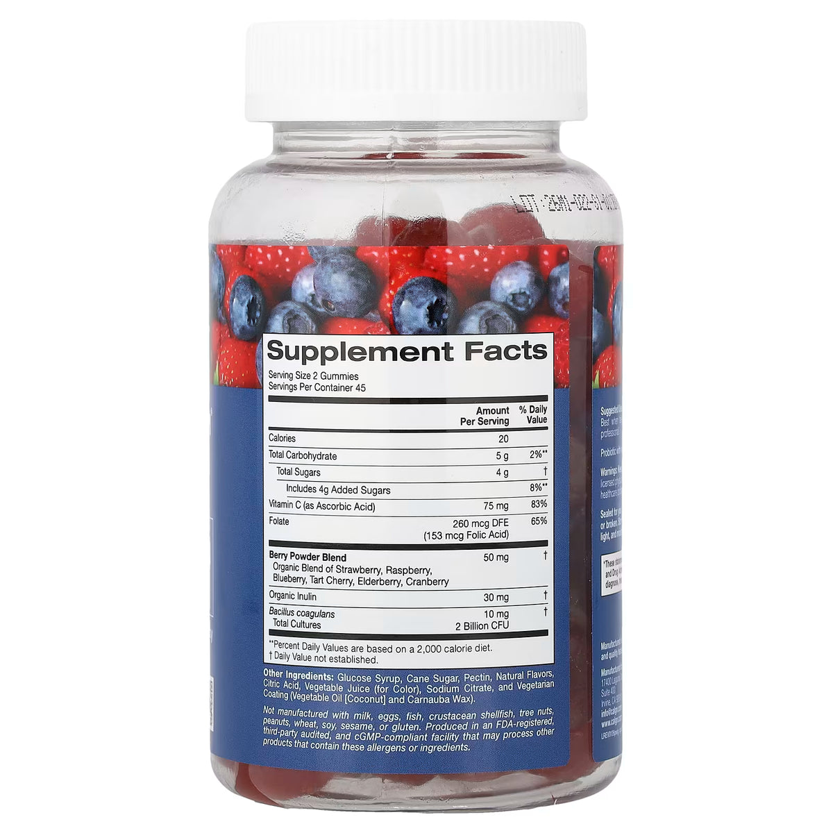 California Gold Nutrition, Probiotic with Inulin Gummies with Vitamin C, Folate, Berry Extract Blend and Organic Inulin, Natural Mixed Berry, 90 Vegetarian Gummies