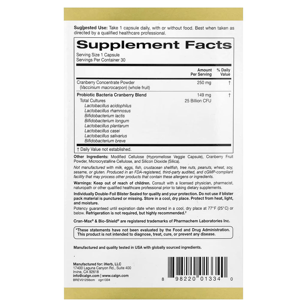 California Gold Nutrition, CranMax® LactoBif® Probiotics, 25 Billion CFU, 30 Veggie Capsules