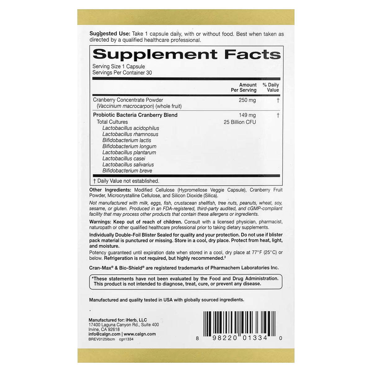 California Gold Nutrition, CranMax® LactoBif® Probiotics, 25 Billion CFU, 30 Veggie Capsules