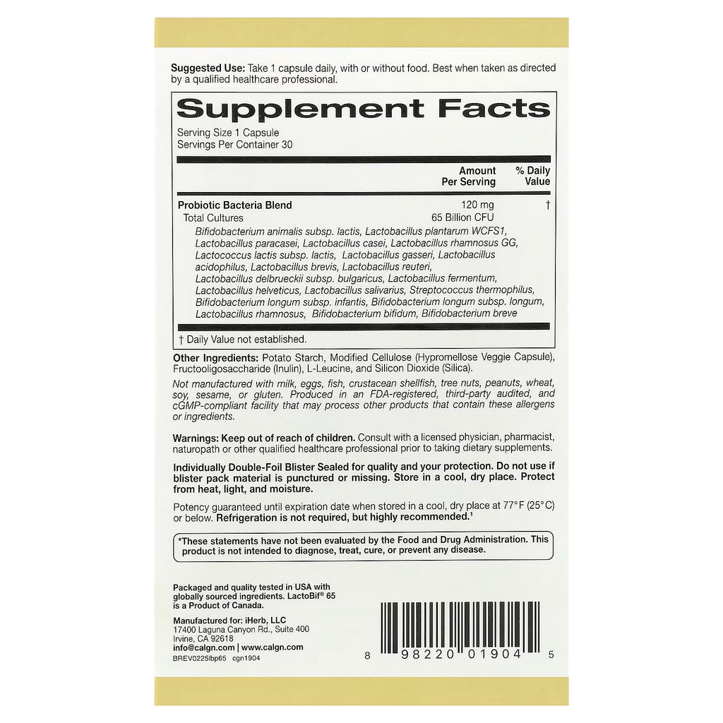 California Gold Nutrition, LactoBif® 65 Probiotics, 30 Veggie Capsules