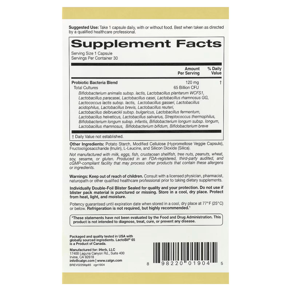 California Gold Nutrition, LactoBif® 65 Probiotics, 30 Veggie Capsules