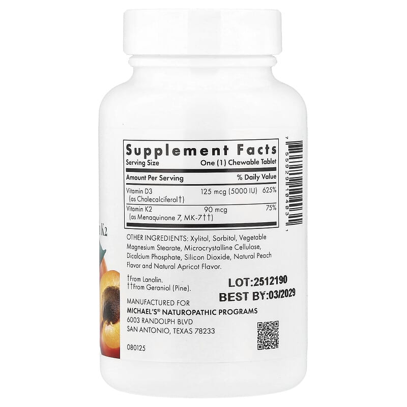 Michael's Health, D3 with Vitamin K2, Apricot, 5,000 IU, 90 Sublingual Tablets