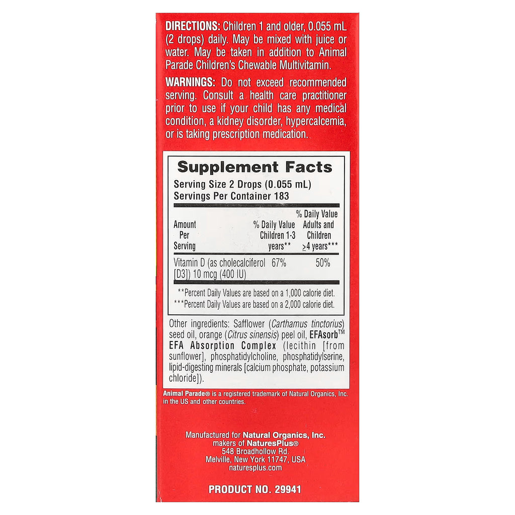 NaturesPlus, Animal Parade®, Vitamin D3 Drops, Natural Orange, 10 mcg (400 IU), 0.34 fl oz (10 ml)