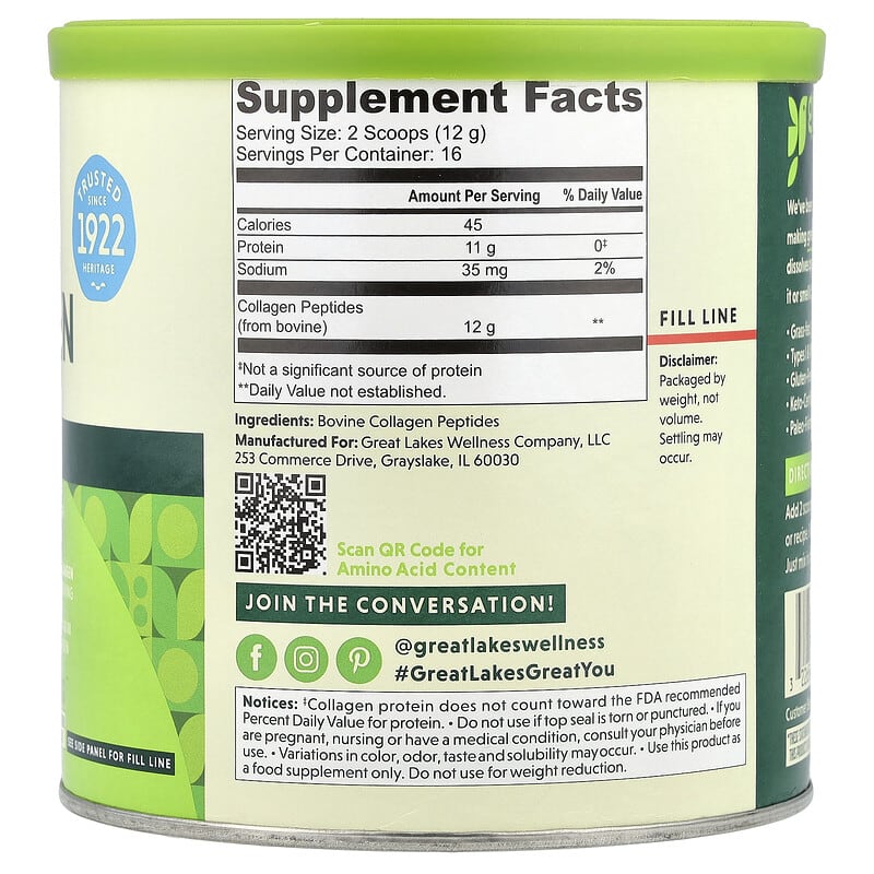 Great Lakes Wellness, Quick Dissolve Collagen Peptides, Daily Wellness, Unflavoured, 7 oz (198 g)