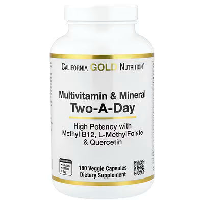 California Gold Nutrition, Multivitamin and Mineral with Methyl B12, Vitamin C, L-MethylFolate and Bio-Quercetin, Two-A-Day, 180 Veggie Capsules