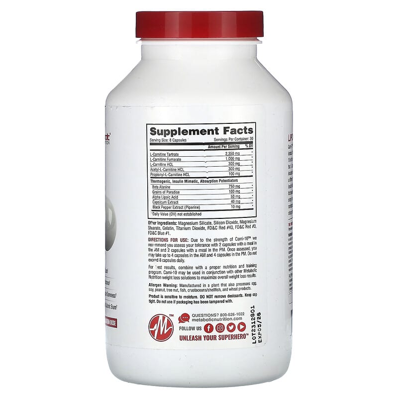 Metabolic Nutrition, Carni-10, 5,000 mg, 240 Capsules (625 mg per Capsule)
