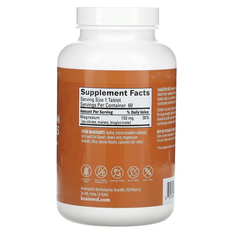 BrainMD, Magnesium Chewables, Citrus, 150 mg, 60 Vegan Tablets