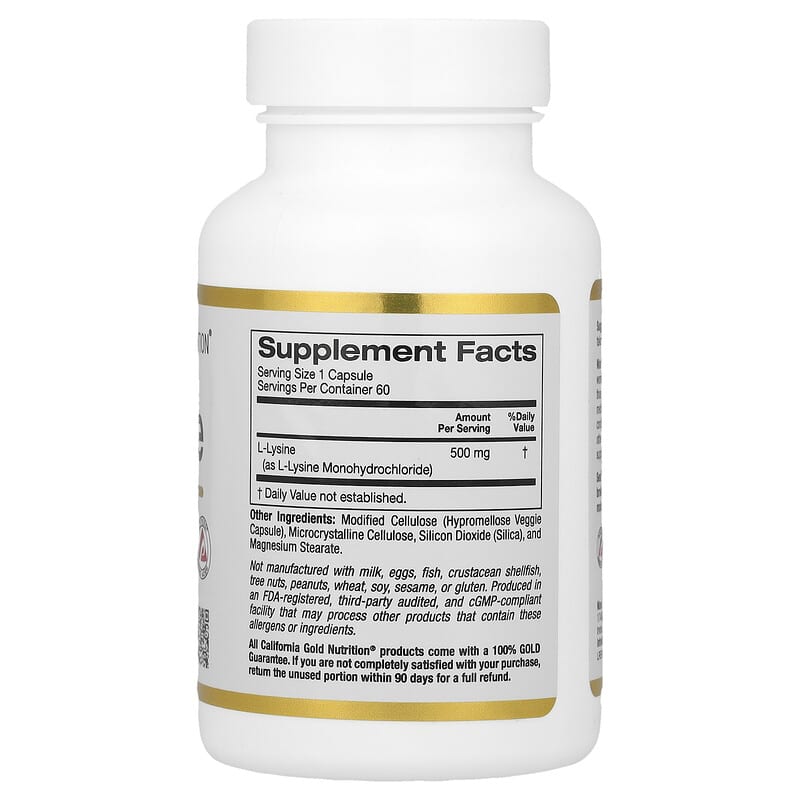 California Gold Nutrition, L-Lysine, 500 mg, 60 Veggie Capsules