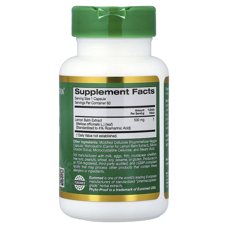 California Gold Nutrition, EuroHerbs™, Lemon Balm Extract, Euromed Quality, 500 mg, 60 Veggie Capsules