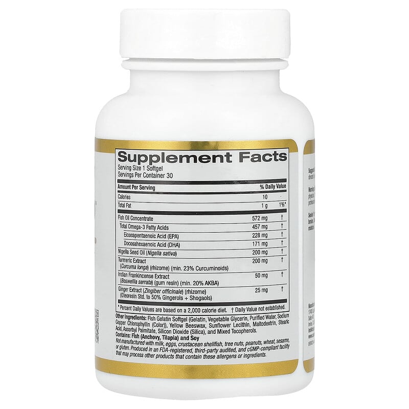 California Gold Nutrition, CurcuminUP™ with Omega-3 Curcumin Complex, Black Cumin Seed Oil, Boswellia and Ginger, 30 Fish Gelatine Capsules