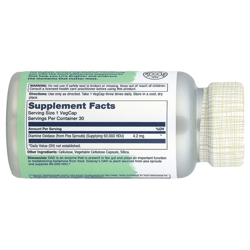 Solaray, Vegan DAO Enzyme, 4.2 mg, 30 VegCaps