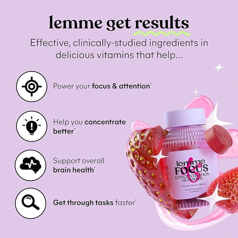 Lemme, Focus, Concentration Gummies, strawberry, 50 gummies