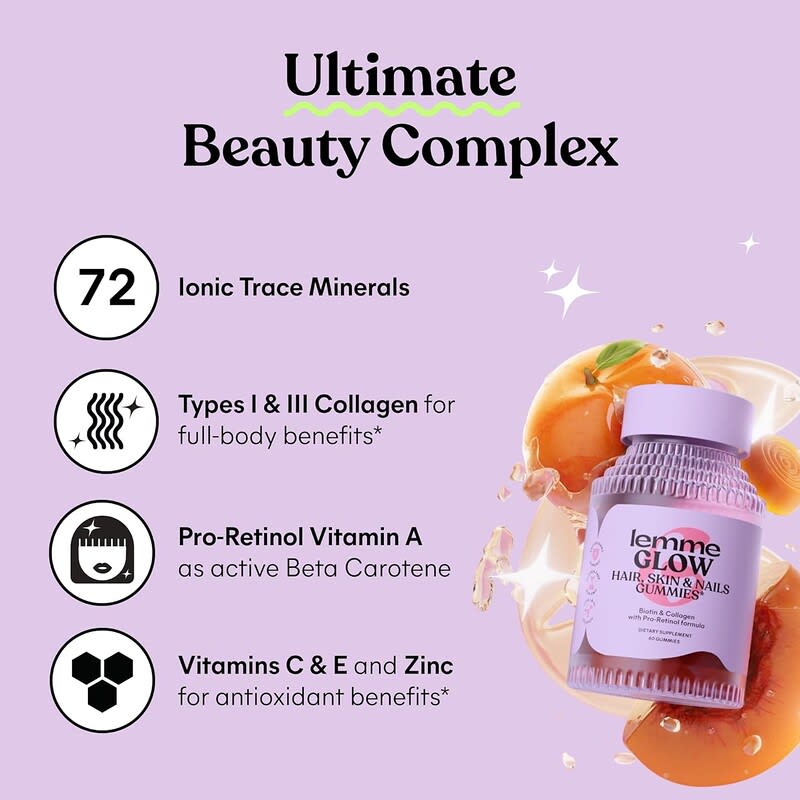 Lemme, Glow, Hair, Skin & Nails Gummies, Peach, 60 Gummies