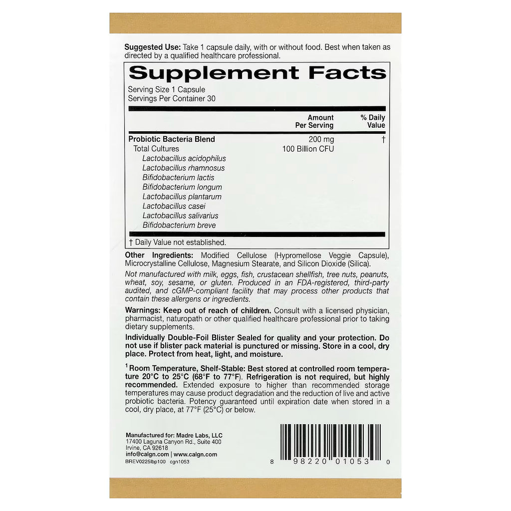California Gold Nutrition, LactoBif® 100 Probiotics, 100 Billion CFU, 30 Veggie Capsules