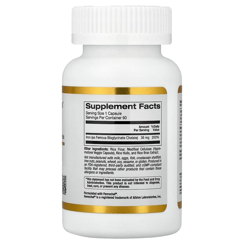 California Gold Nutrition, Ferrochel® Iron (Bisglycinate), 36 mg, 90 Veggie Capsules