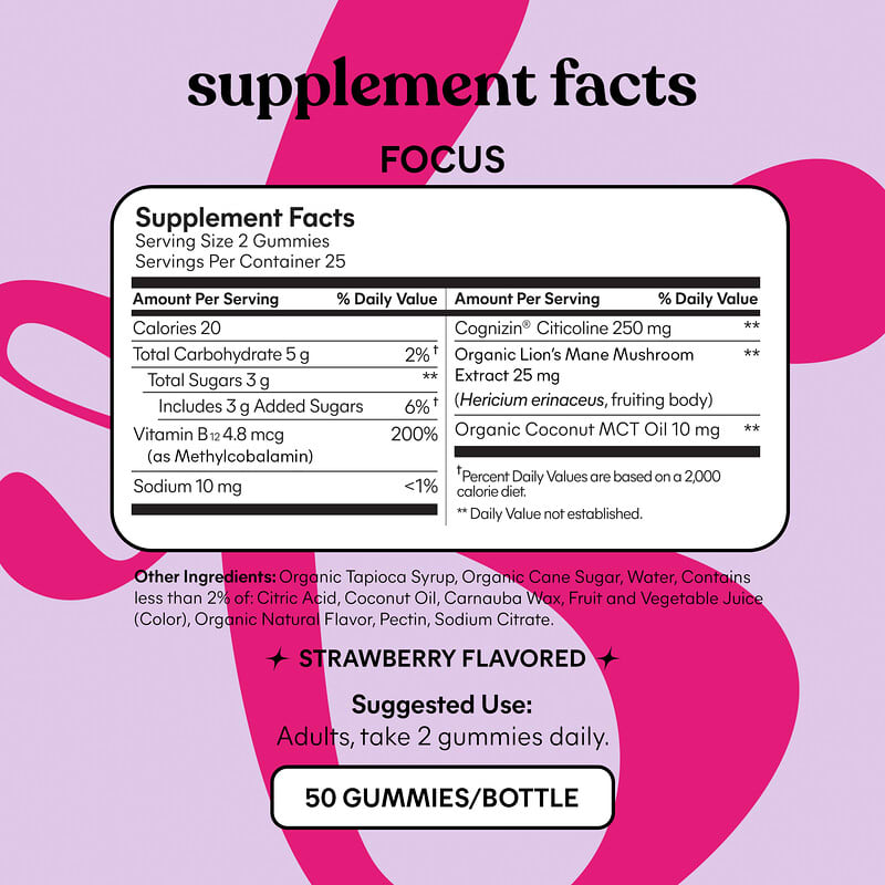 Lemme, Focus, Concentration Gummies, strawberry, 50 gummies