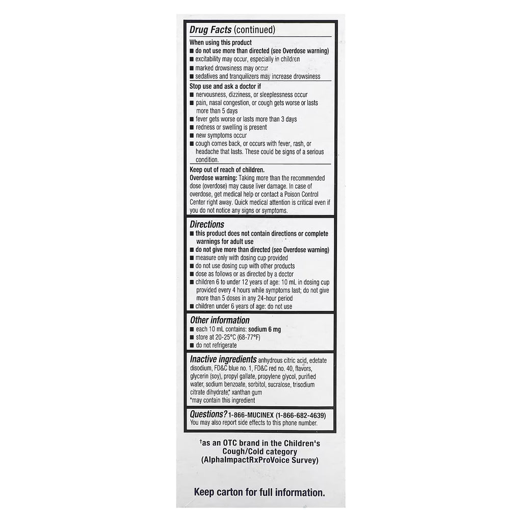Mucinex, Children's, Multi-Symptom Cold, Night Time, Ages 6+ Yrs, Very Berry, 4 fl oz (118 ml)
