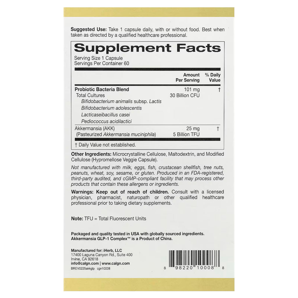 California Gold Nutrition, Akkermansia + Probiotics GLP-1 Complex, 60 Veggie Capsules