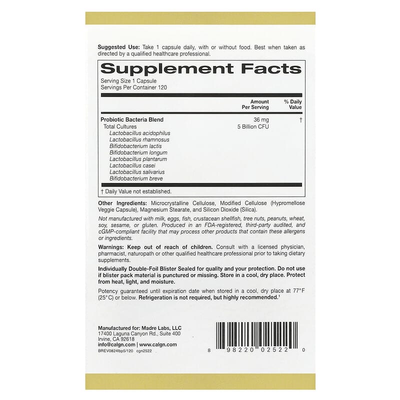 California Gold Nutrition, LactoBif® 5 Probiotics, 5 Billion CFU, 120 Veggie Capsules