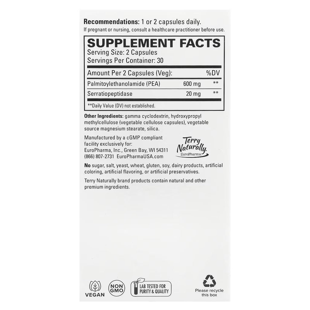 Terry Naturally, PEA Healthy Inflammation Response With Serratiopeptidase, 60 Capsules