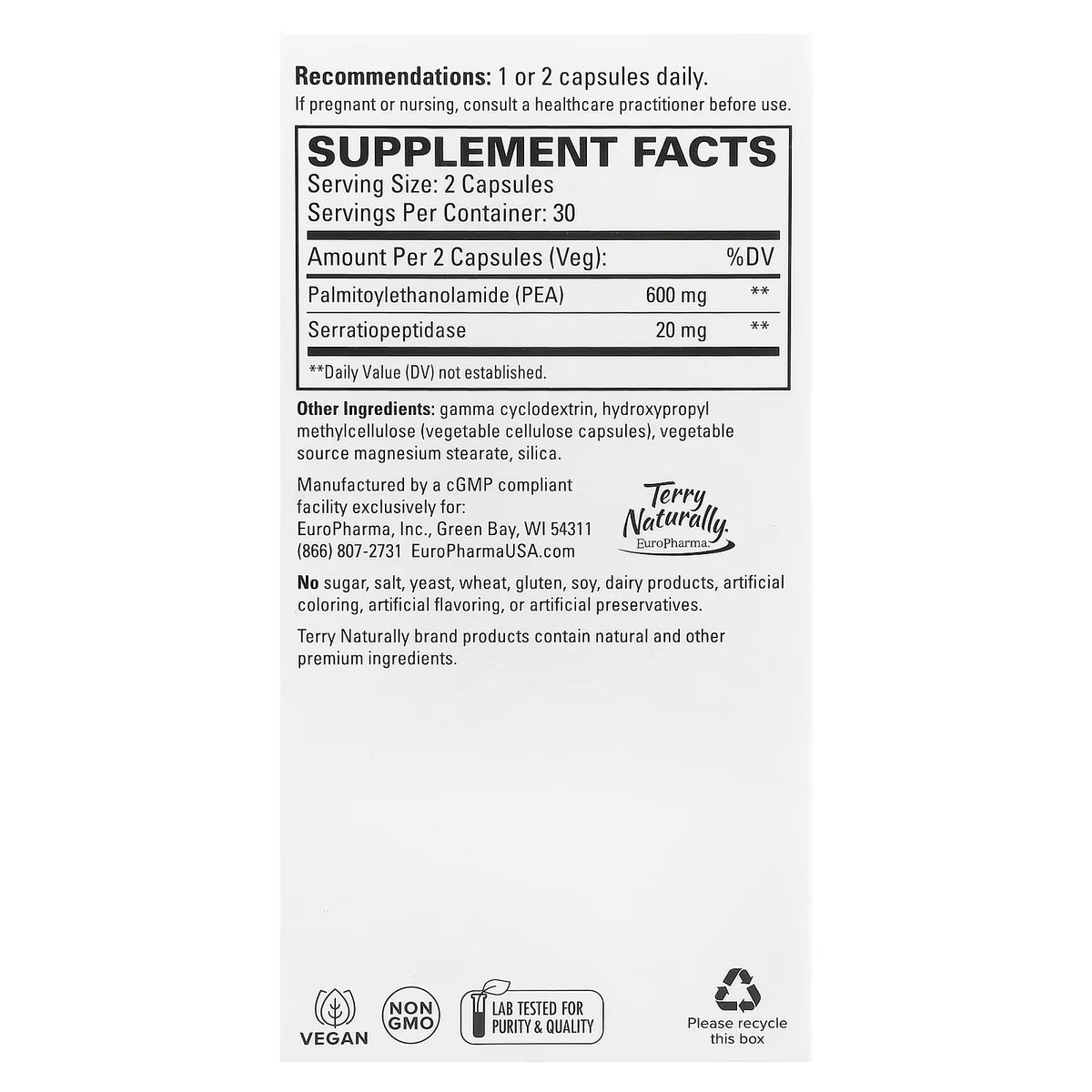 Terry Naturally, PEA Healthy Inflammation Response With Serratiopeptidase, 60 Capsules