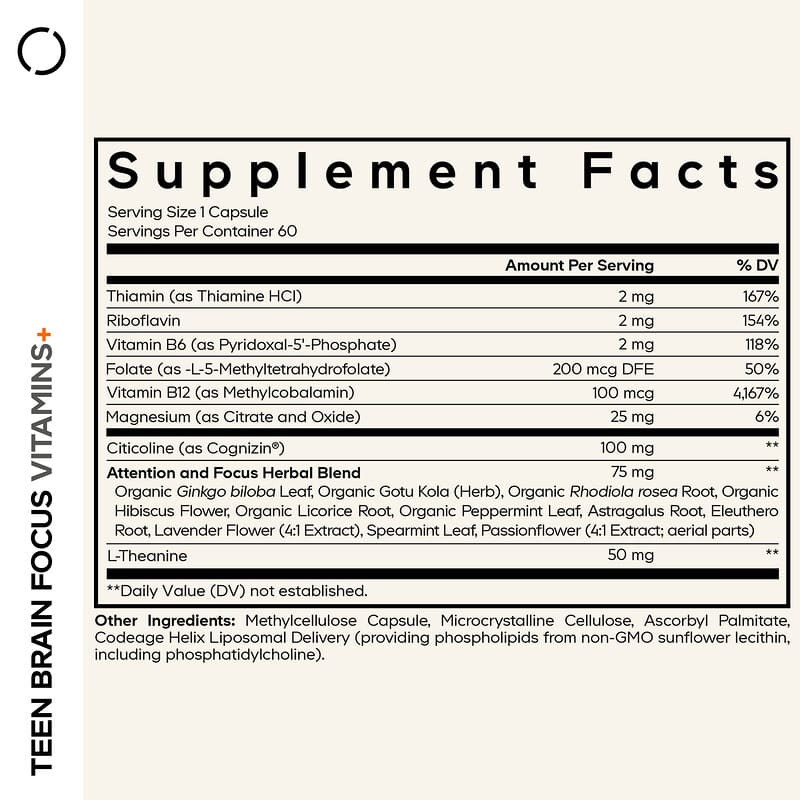 Codeage, Teen Brain Focus Vitamins+, 60 Vegetable Capsules