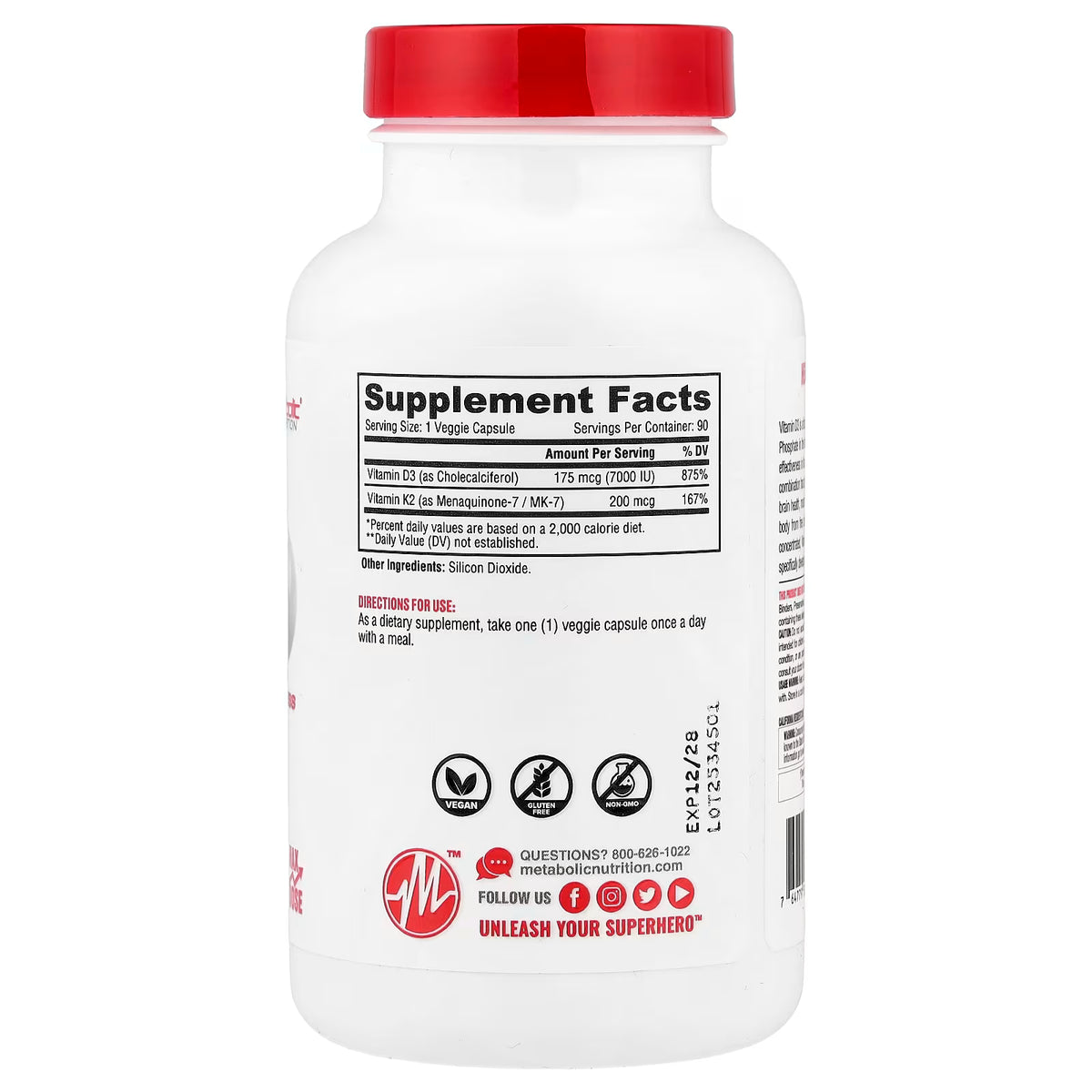 Metabolic Nutrition, Vitamin D3 + K2, 90 Capsules