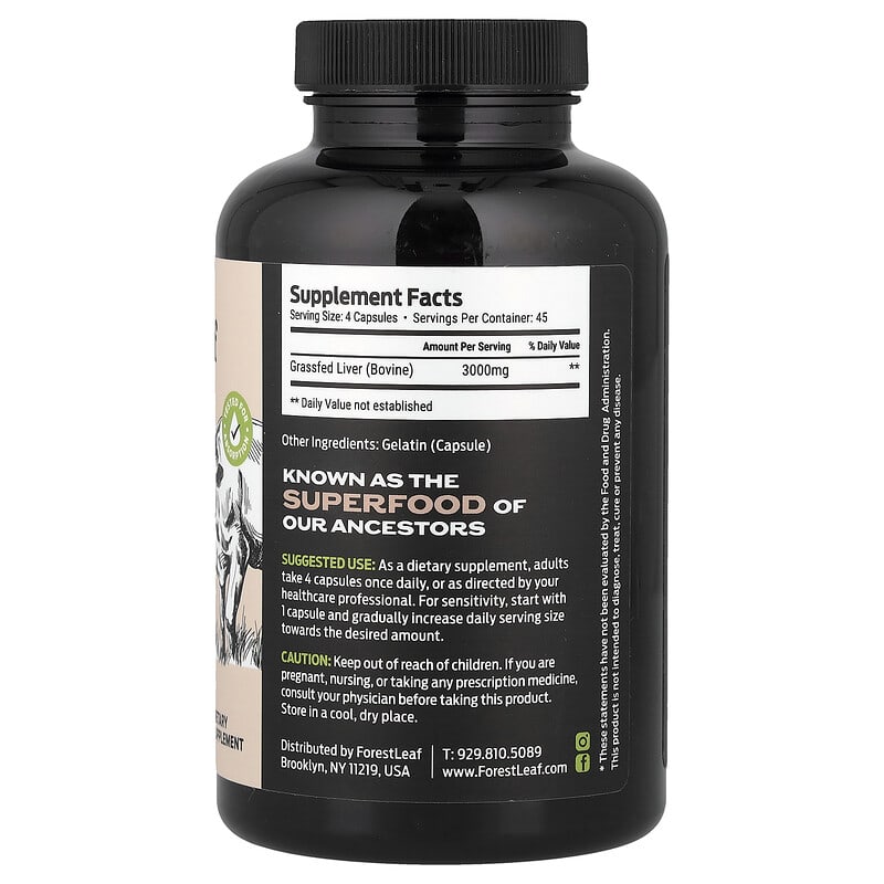 Forest Leaf, Grass Fed Beef Liver, 180 Capsules (750 mg per Capsule)