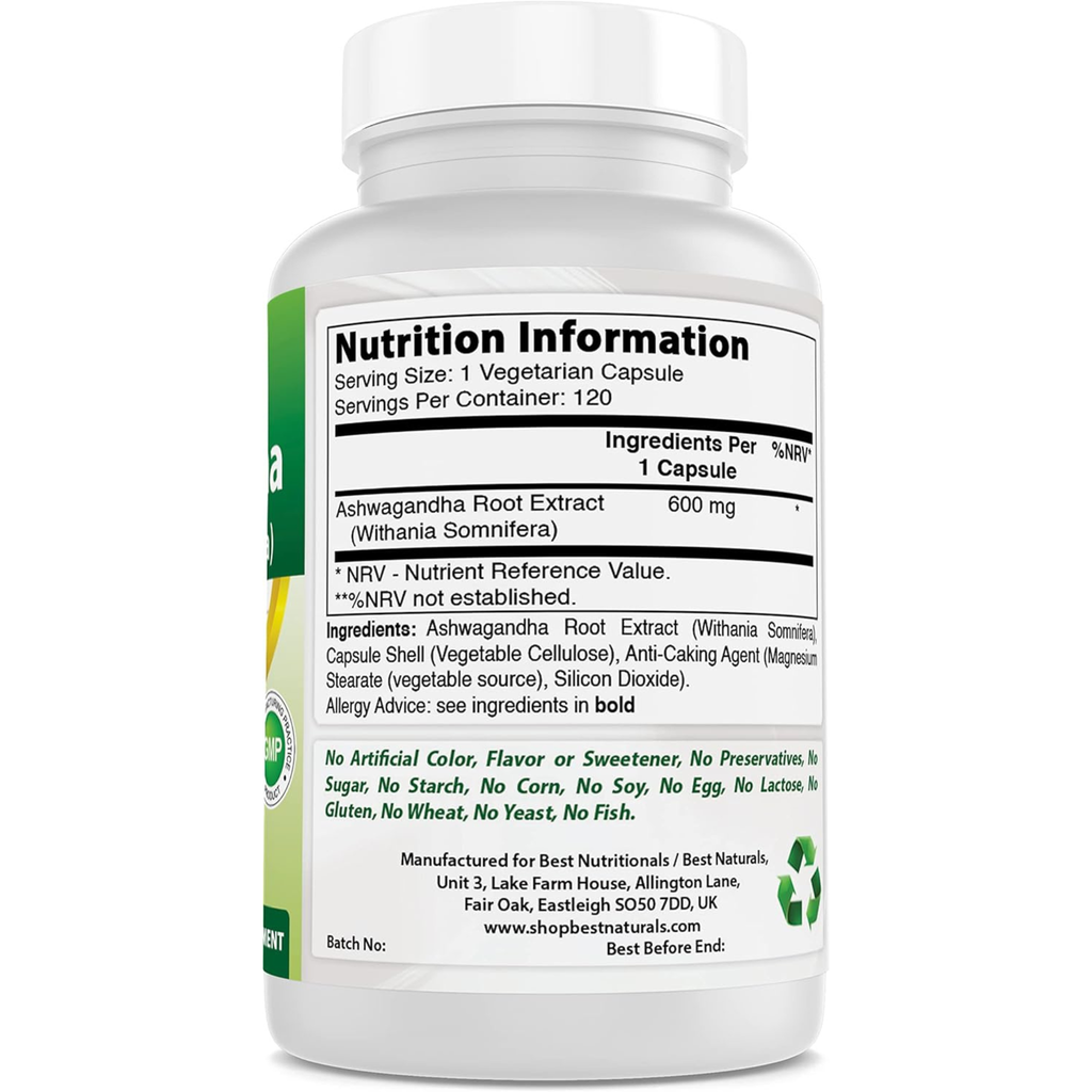 Best Naturals Ashwagandha Capsules for Relaxing Stress and Mood, 500 mg, 120 Count