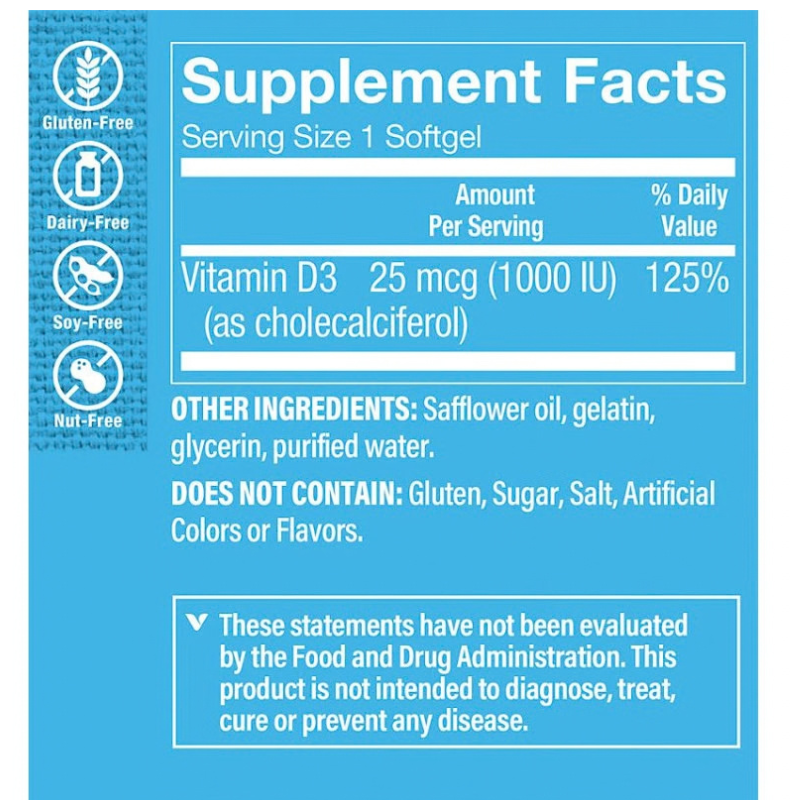 The Vitamin Shoppe, Vitamin D3, 25 mcg (1,000 IU), 100 Softgels