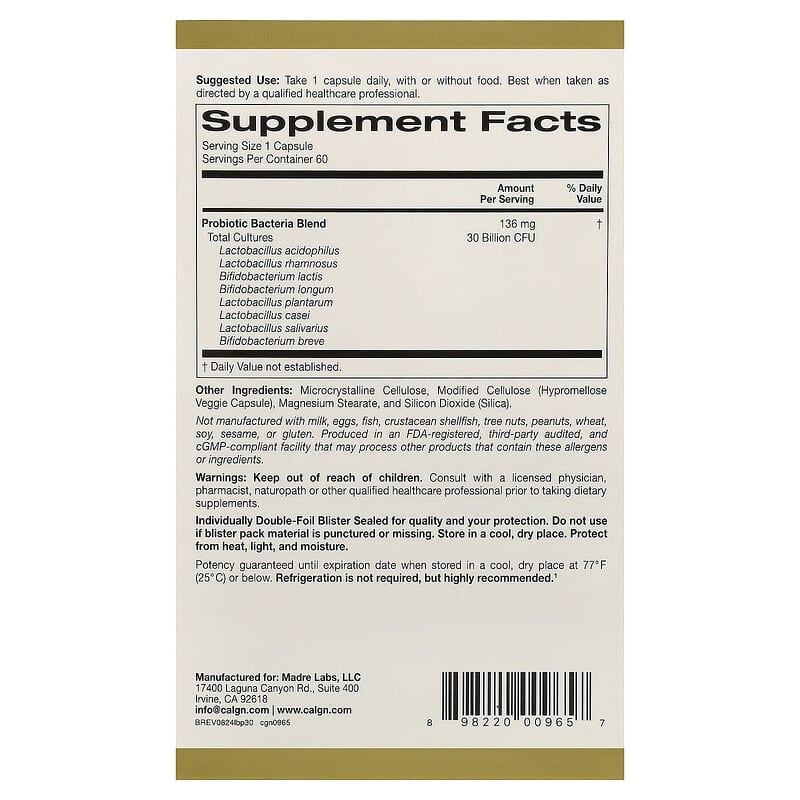 California Gold Nutrition, LactoBif® 30 Probiotics, 30 Billion CFU, 60 Veggie Capsules