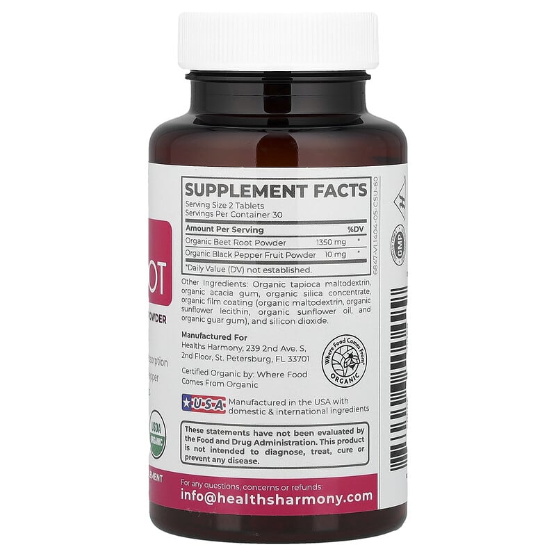 Healths Harmony, Organic Beet Root With Organic Black Pepper, 60 Tablets