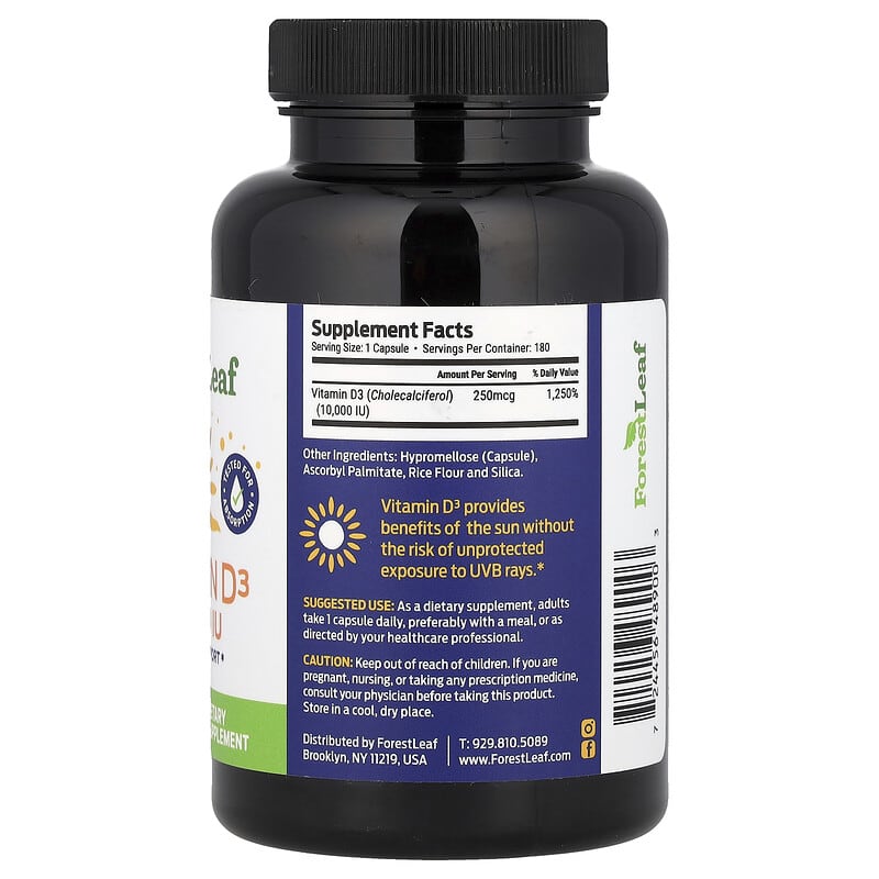 Forest Leaf, Vitamin D3, 250 mcg (10,000 IU), 180 Vegetable Capsules