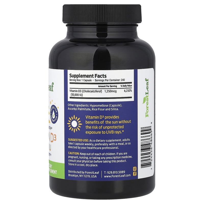 Forest Leaf, Vitamin D3, 1,250 mcg (50,000 IU), 240 Vegetable Capsules
