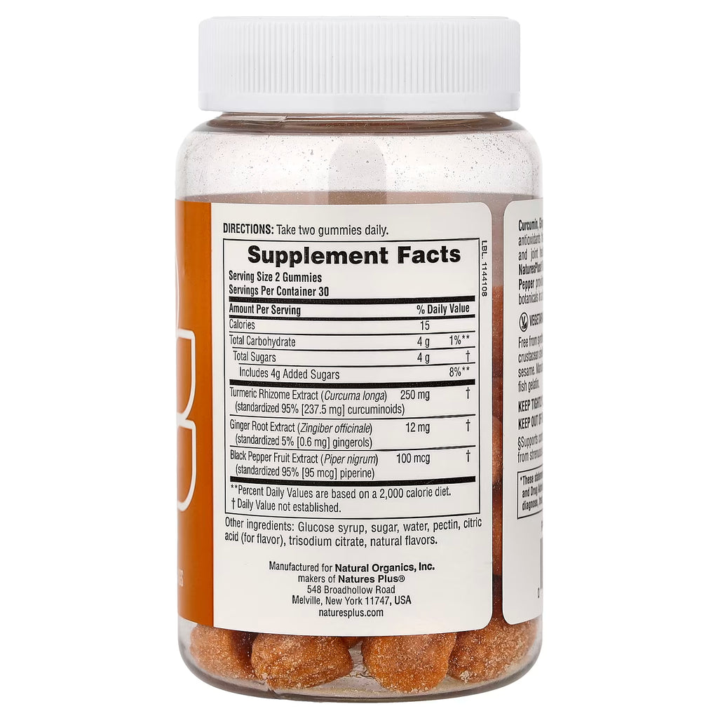 NaturesPlus, Turmeric Curcumin With Ginger & Black Pepper Gummies, Peach, 60 Gummies