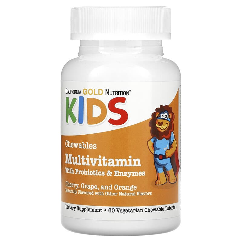California Gold Nutrition, Chewable Multivitamins with Probiotics, Enzymes, Vitamin A and Vitamin C for Children, 60 Vegetarian Tablets