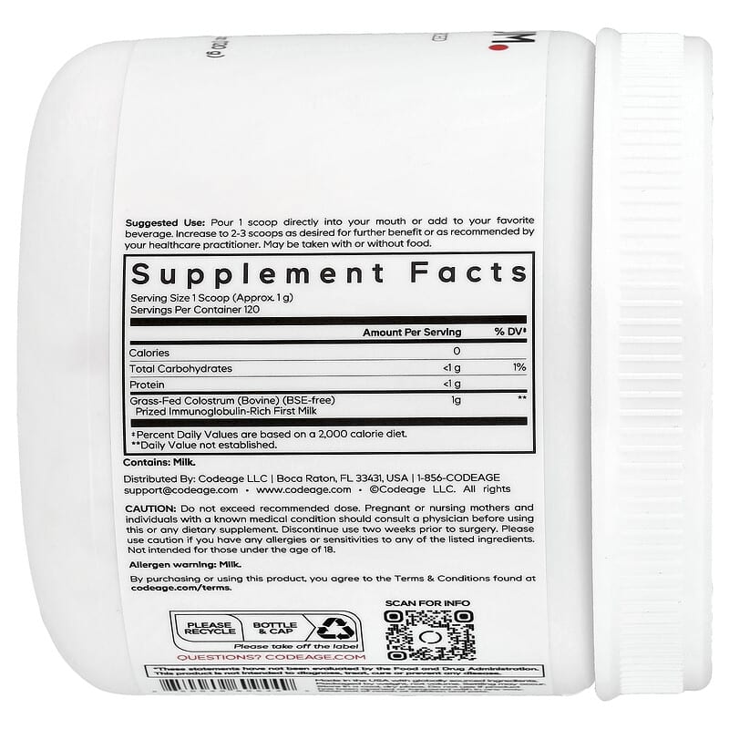 Codeage, Colostrum Powder, Unflavoured, 4.3 oz (120 g)