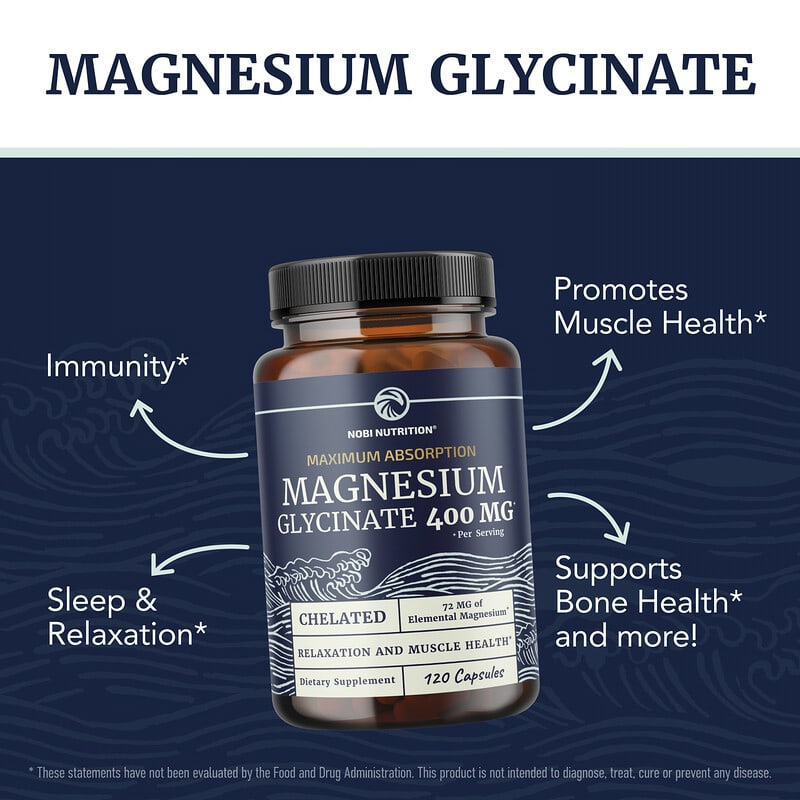 Nobi Nutrition, Magnesium Glycinate, Maximum Absorption, 400 mg, 120 Capsules (200 mg per Capsule)