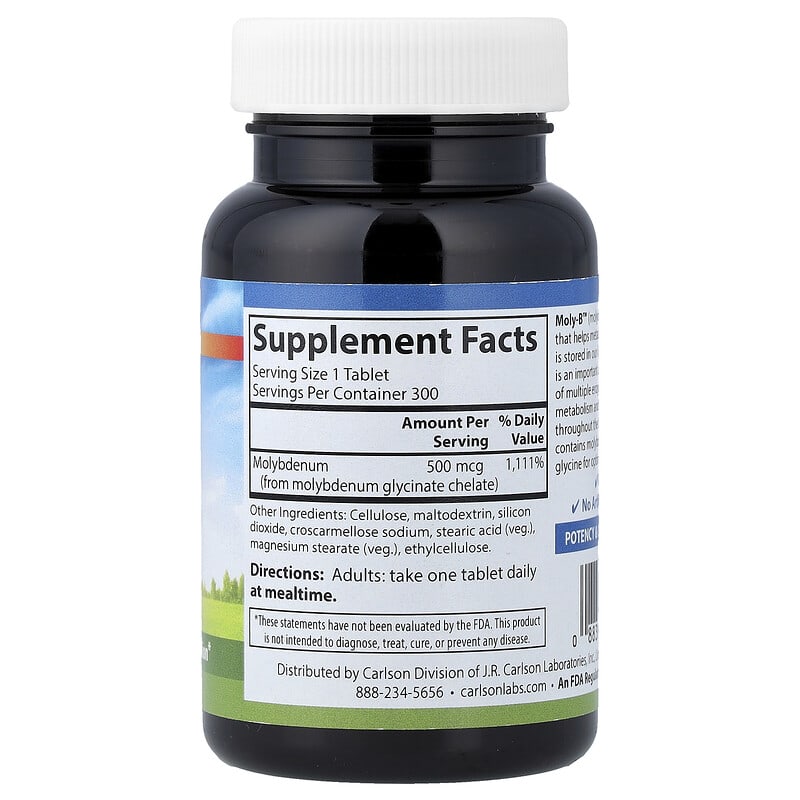 Carlson, Moly-B, Chelated Molybdenum, 300 Vegetarian Tablets (500 mcg per Tablet)