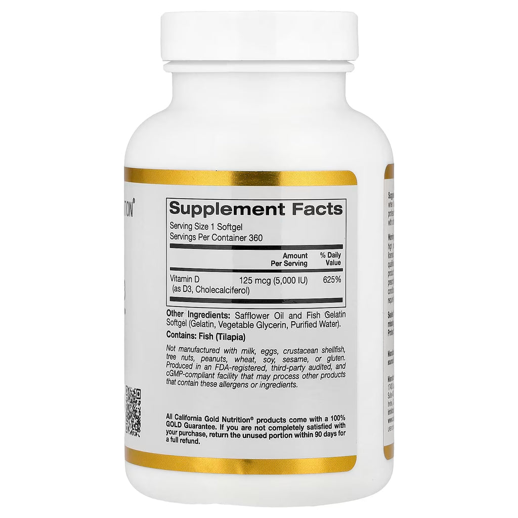 California Gold Nutrition, Vitamin D3, 125 mcg (5,000 IU), 360 Fish Gelatin Softgels