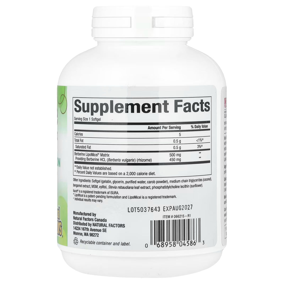 Natural Factors, Berberine LipoMicel Matrix, 90 Liquid Softgels
