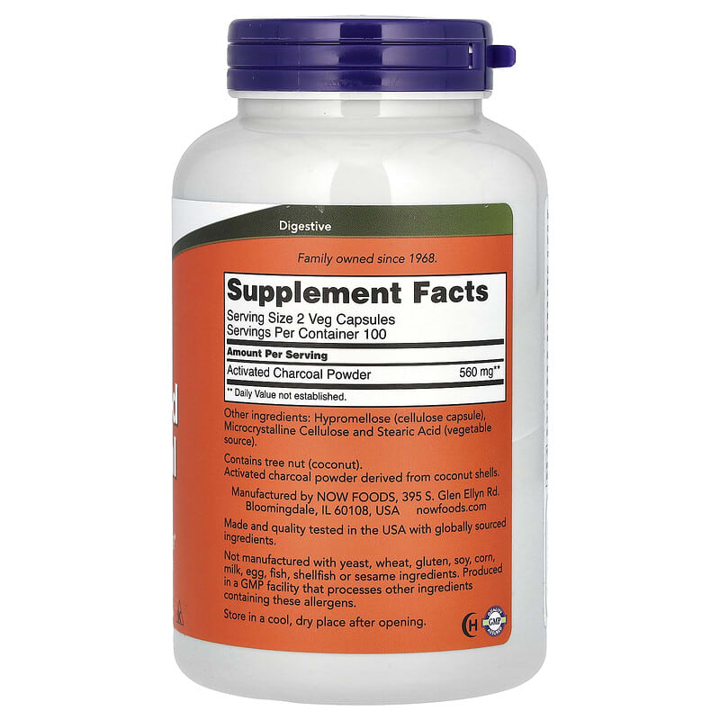 NOW Foods, Activated Charcoal, 200 Veg Capsules (280 mg per Capsule)