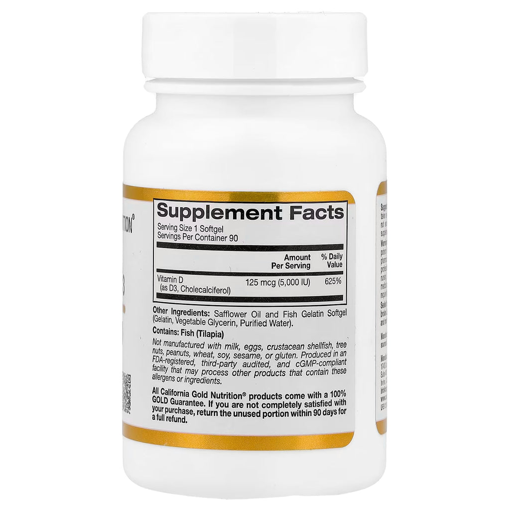 California Gold Nutrition, Vitamin D3, 125 mcg (5,000 IU), 90 Fish Gelatin Softgels