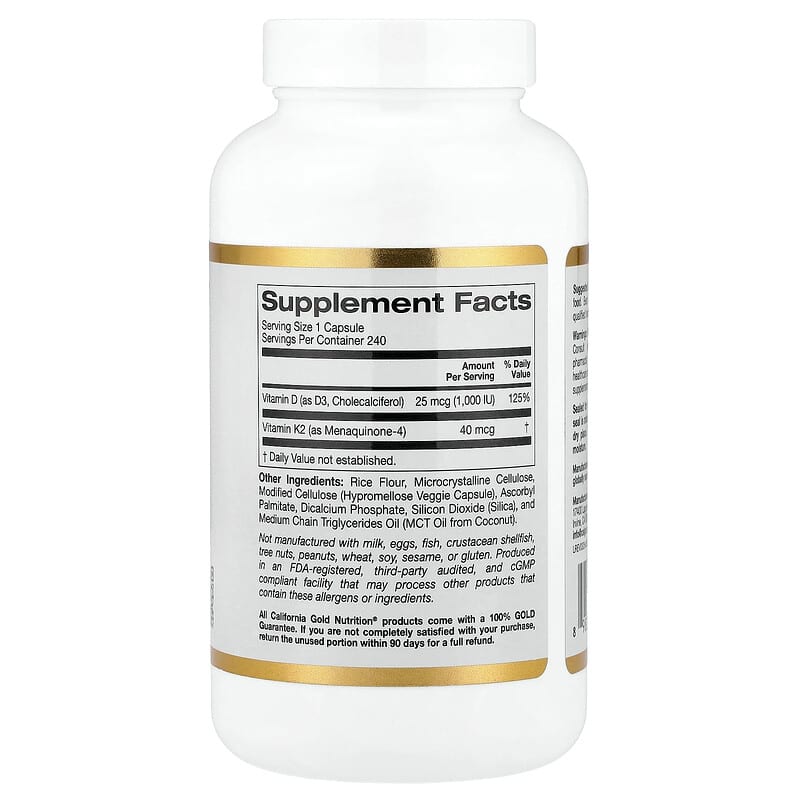 California Gold Nutrition, Vitamin D3 + K2, 240 Veg Capsules