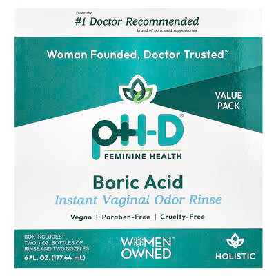 pH-D Feminine Health, Boric Acid, Instant Vaginal Odor Rinse, 2 Bottles & 2 Nozzles , 6 fl oz (177.44 ml)