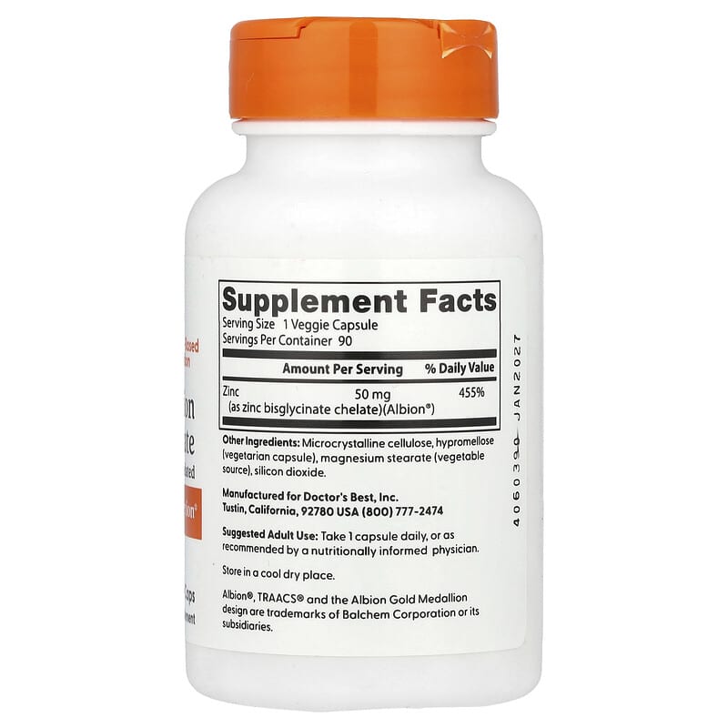 Doctor's Best, High Absorption Zinc Bisglycinate, 50 mg, 90 veggie caps