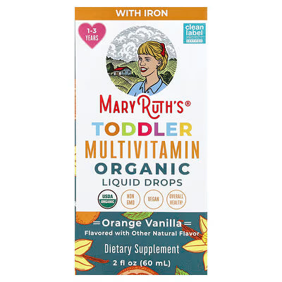 MaryRuth's, Organic Toddler Multivitamin Liquid Drops With Iron, 1-3 Years, Orange Vanilla, 2 fl oz (60 ml)