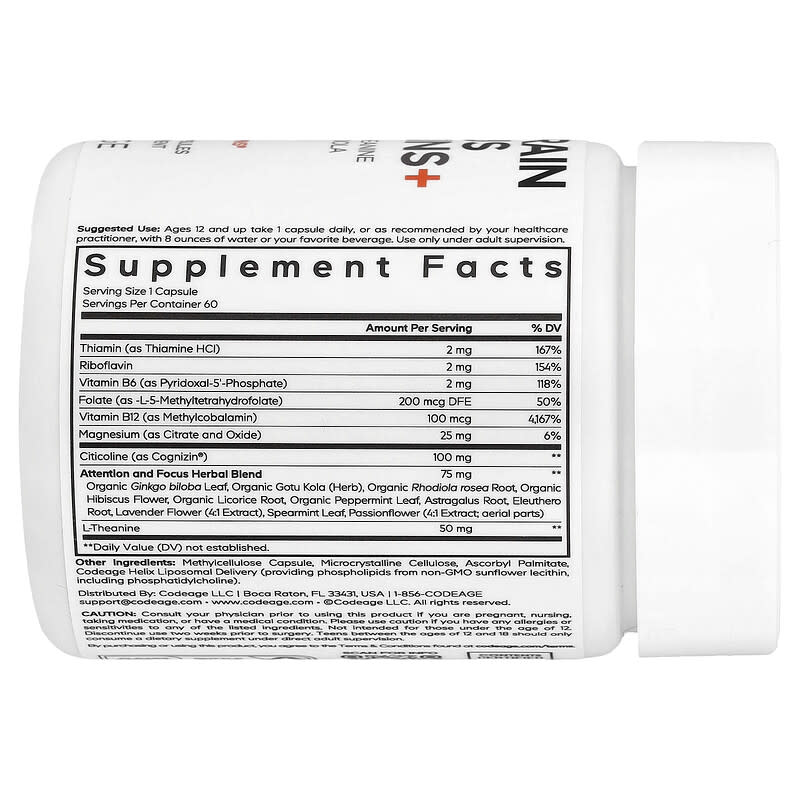 Codeage, Teen Brain Focus Vitamins+, 60 Vegetable Capsules